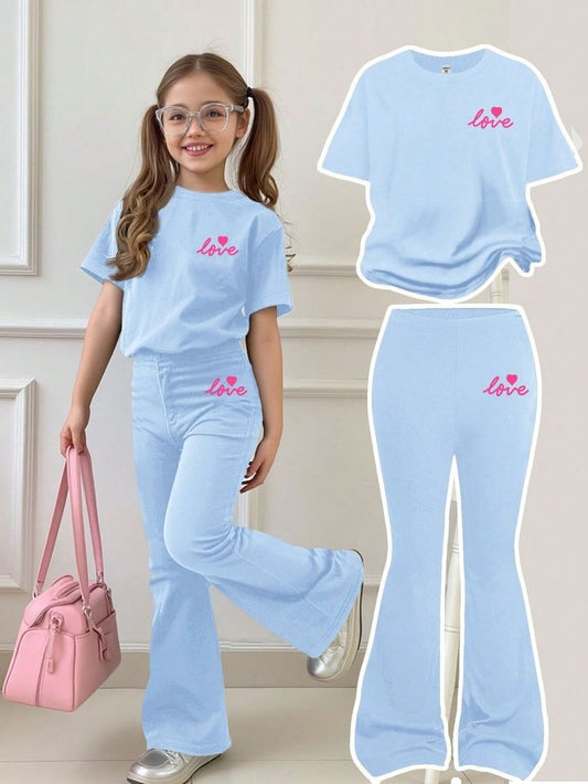 Baby Girls Summer light blue Short-Sleeve love printed T-Shirt & Flared Pants Set