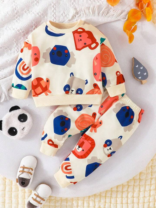 Cream Cartoon  Print Sweatshirt And Sweatpants Two piece Set
