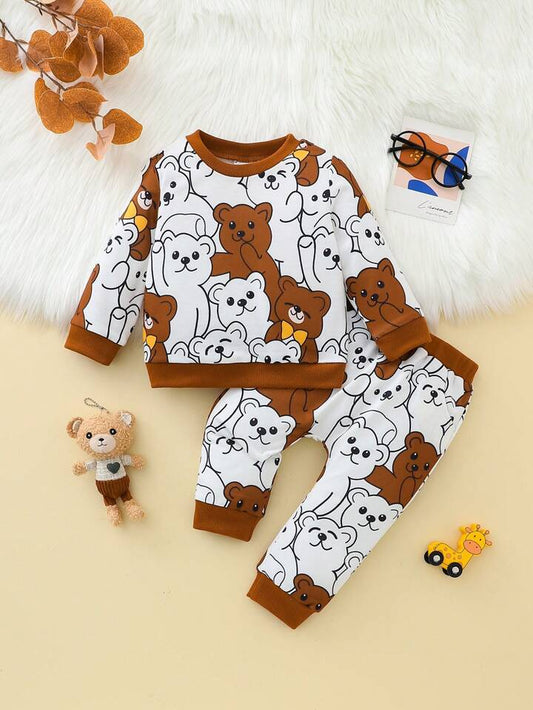 Baby Set Printed Brown Teddy  Full Sleeve T-shirt  and Pant  For Boys.