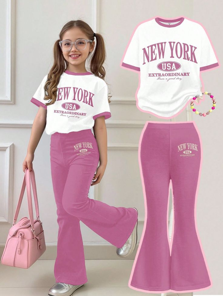"Girls' Fashion Printed white  T-Shirt + Flared pink Pants Set".