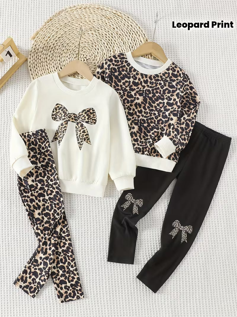 Little Diva Leopard Bow Printed Sweatshirt & Legging Set . ( COMBO PACK OF 2 )