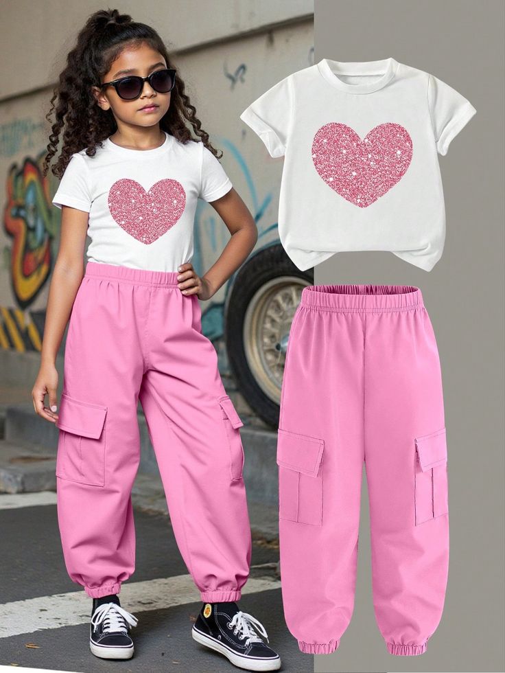 white short-sleeve  t-shirt  pink glittery heart graphic & pink joggers set