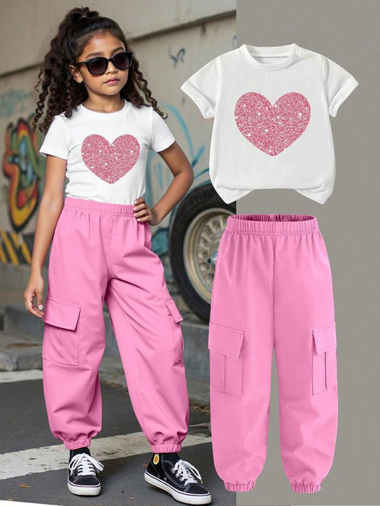 white short-sleeve  t-shirt  pink glittery heart graphic & pink joggers set