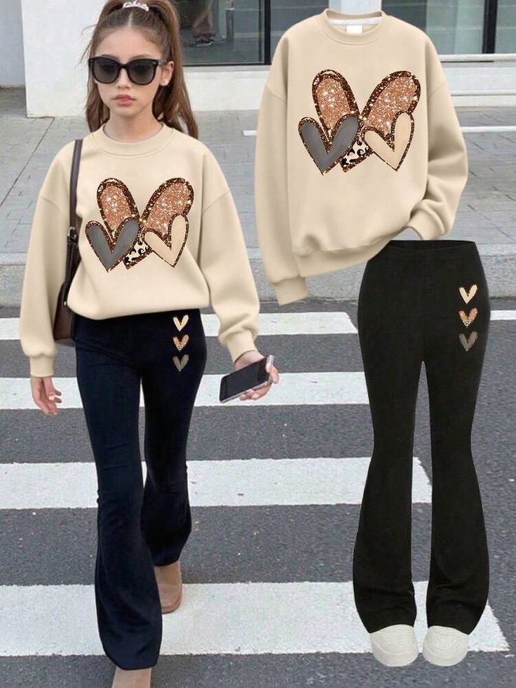 2pcs Set, Teen Girls' Casual Wear "Three Little Heart  "