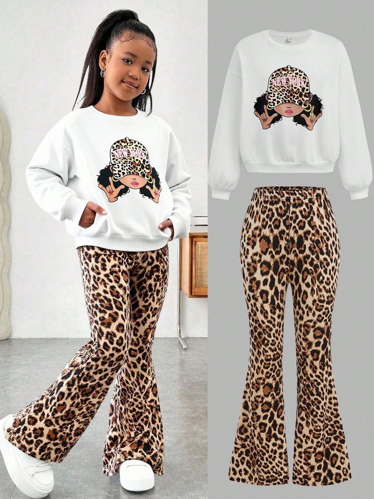 2pcs Set, Teen Girls' Casual Wear "white t-shirt & leopard-print flare-leg pants."