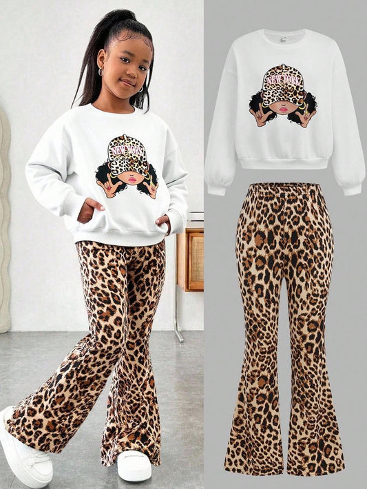 2pcs Set, Teen Girls' Casual Wear "white t-shirt & leopard-print flare-leg pants."