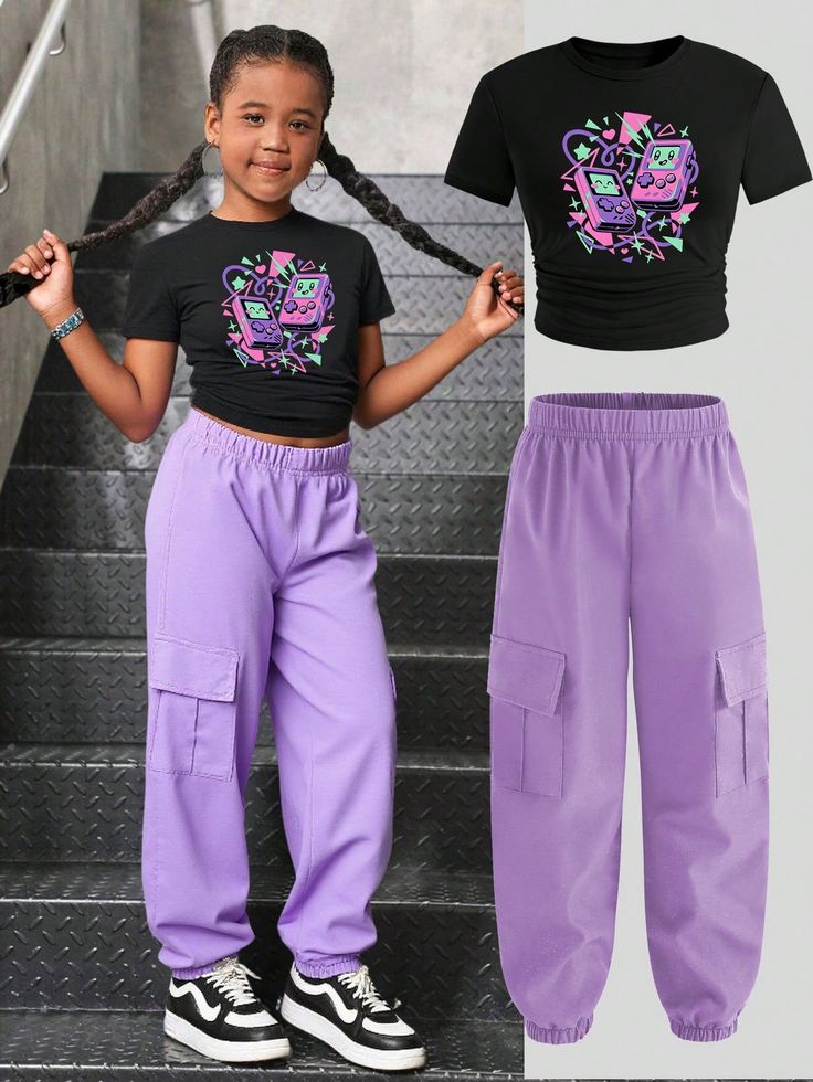 Twirl into the new year with some cute kids wear collections for black t-shirt & purple joggers