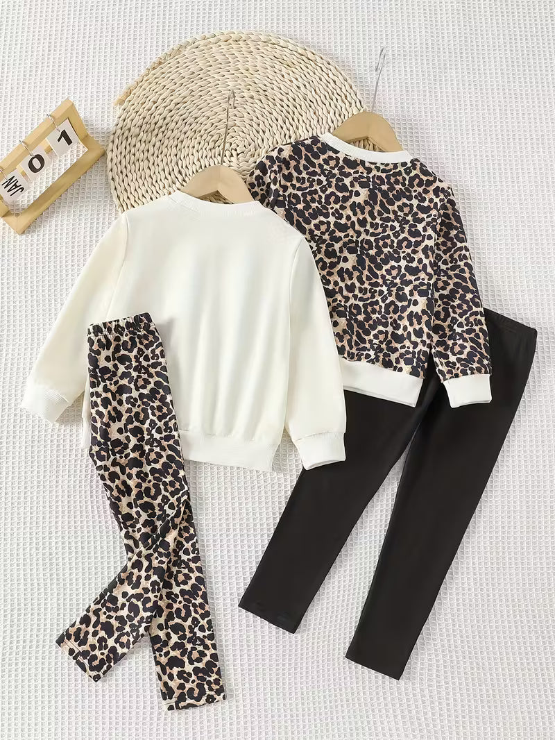 Little Diva Leopard Bow Printed Sweatshirt & Legging Set . ( COMBO PACK OF 2 )