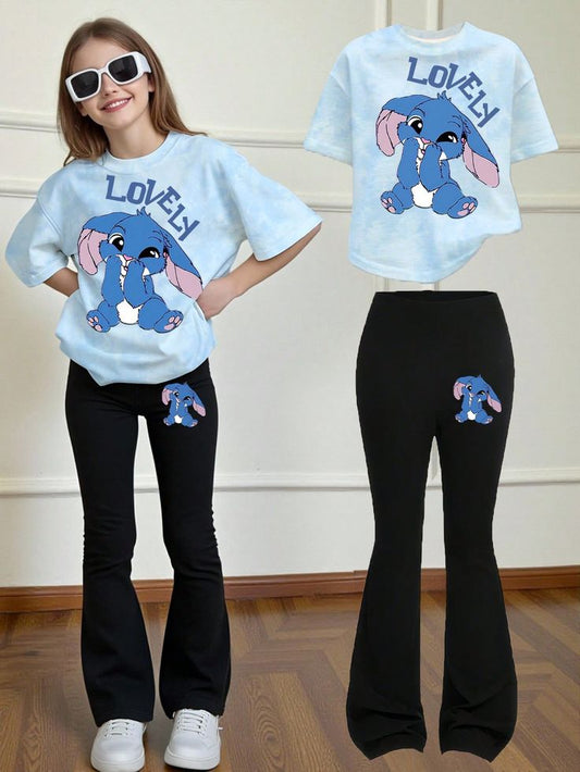 A light blue, loose-fit, short-sleeve t-shirt & Black, high-waisted, flare-leg pants