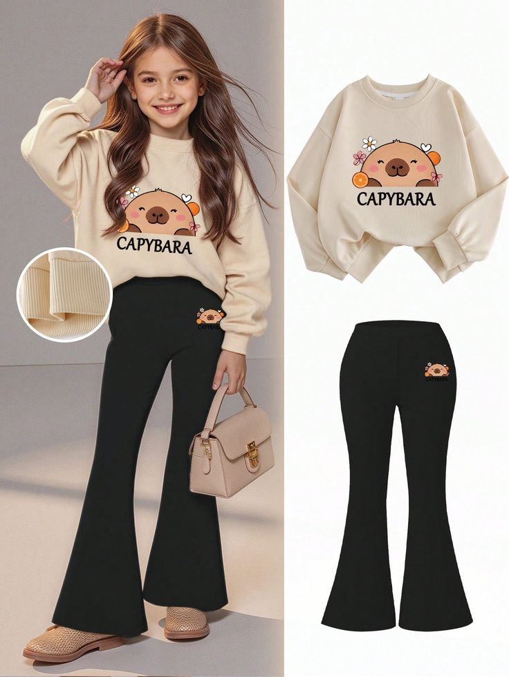 2pcs/Set Tween Girl Graphic Sweatshirt And Flares Pants Set